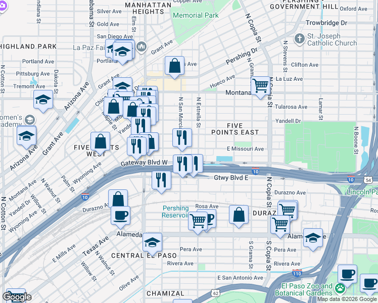 map of restaurants, bars, coffee shops, grocery stores, and more near 3111 Gateway Boulevard West in El Paso