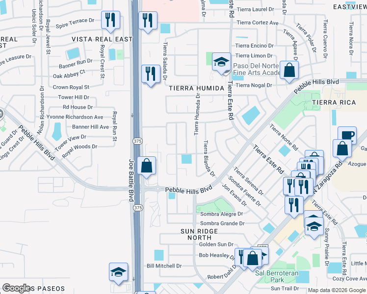 map of restaurants, bars, coffee shops, grocery stores, and more near 2313 Joshua Louis Drive in El Paso