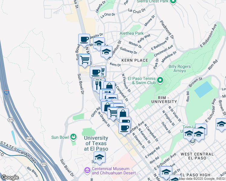 map of restaurants, bars, coffee shops, grocery stores, and more near 402 Mississippi Avenue in El Paso