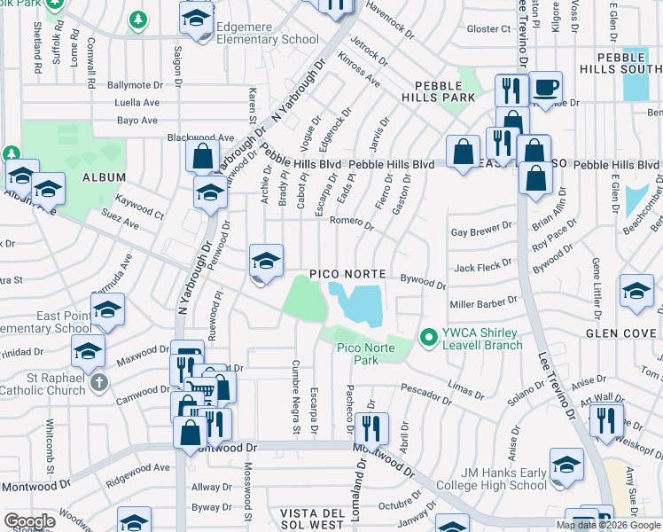 map of restaurants, bars, coffee shops, grocery stores, and more near 2700 Eads Place in El Paso