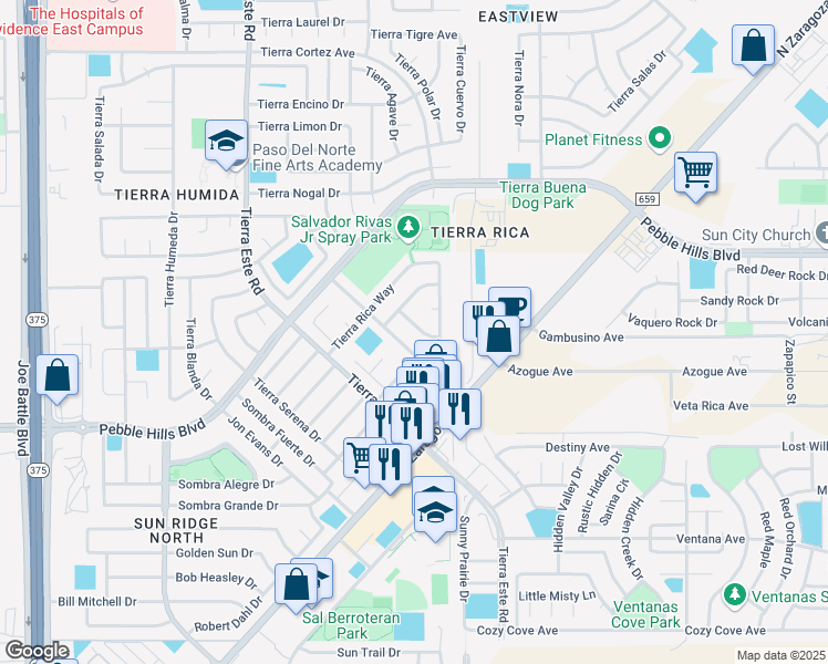 map of restaurants, bars, coffee shops, grocery stores, and more near 12584 Tierra Dura Drive in El Paso