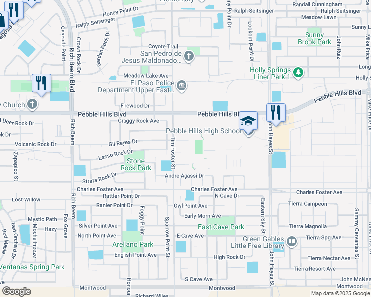 map of restaurants, bars, coffee shops, grocery stores, and more near 14308 Pancho Gonzalez Court in El Paso
