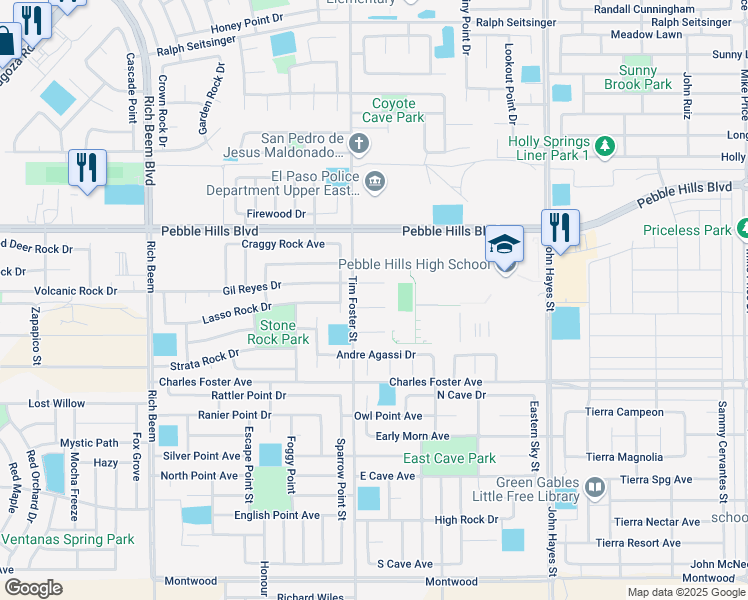 map of restaurants, bars, coffee shops, grocery stores, and more near 14308 Pancho Gonzalez Court in El Paso