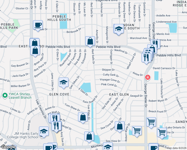 map of restaurants, bars, coffee shops, grocery stores, and more near 2601 Red Sails Drive in El Paso