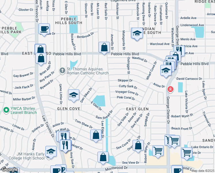 map of restaurants, bars, coffee shops, grocery stores, and more near 2605 Red Sails Drive in El Paso
