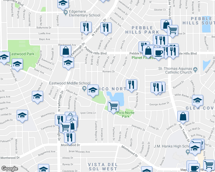 map of restaurants, bars, coffee shops, grocery stores, and more near 2700 Eads Place in El Paso