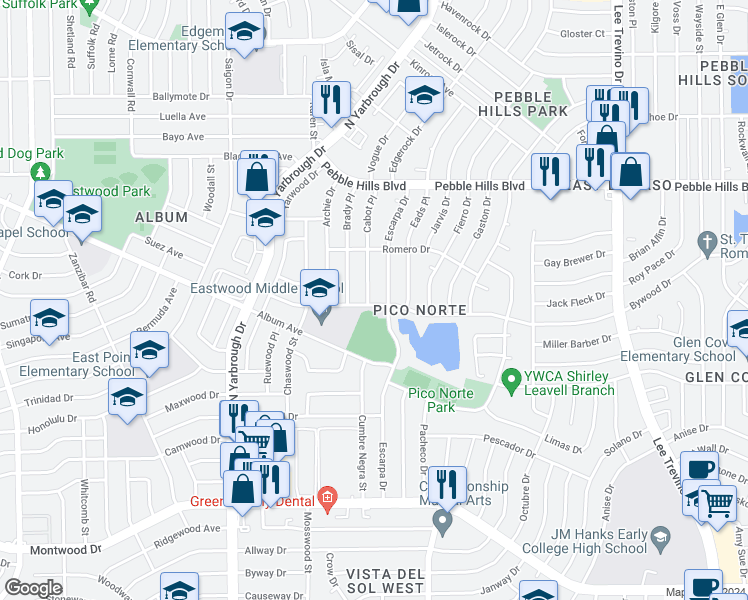 map of restaurants, bars, coffee shops, grocery stores, and more near 2700 Cabot Place in El Paso