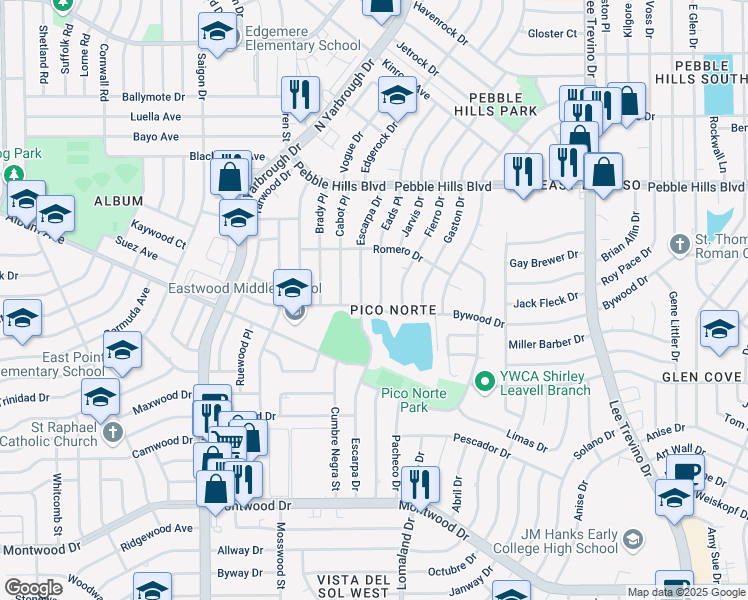 map of restaurants, bars, coffee shops, grocery stores, and more near 2701 Eads Place in El Paso
