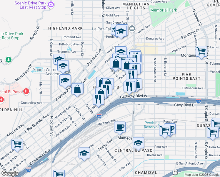 map of restaurants, bars, coffee shops, grocery stores, and more near 2501 Wyoming Avenue in El Paso