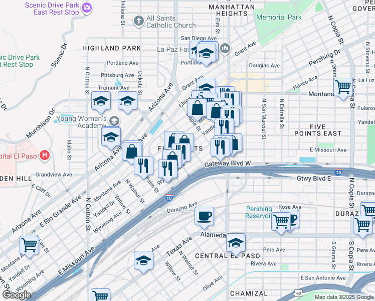 map of restaurants, bars, coffee shops, grocery stores, and more near 2501 Wyoming Avenue in El Paso