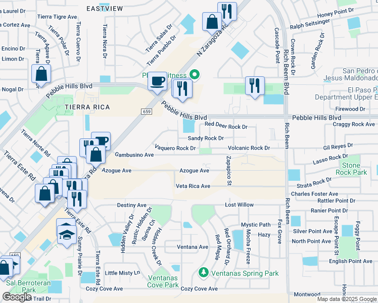 map of restaurants, bars, coffee shops, grocery stores, and more near 12808 Gambusino Avenue in El Paso