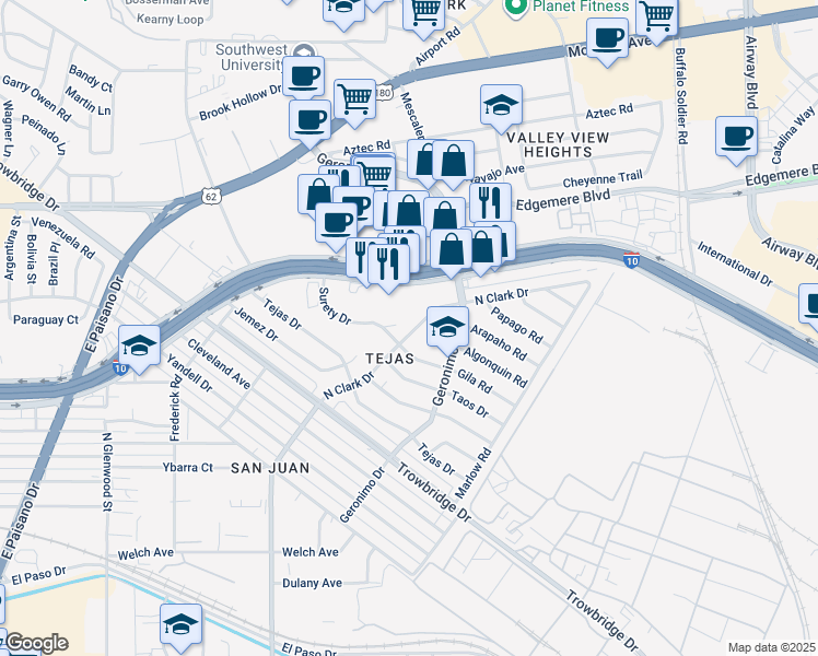 map of restaurants, bars, coffee shops, grocery stores, and more near 6115 Gila Road in El Paso