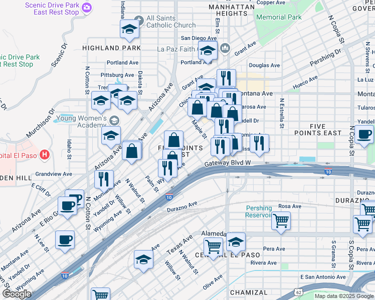 map of restaurants, bars, coffee shops, grocery stores, and more near 2501 Wyoming Avenue in El Paso