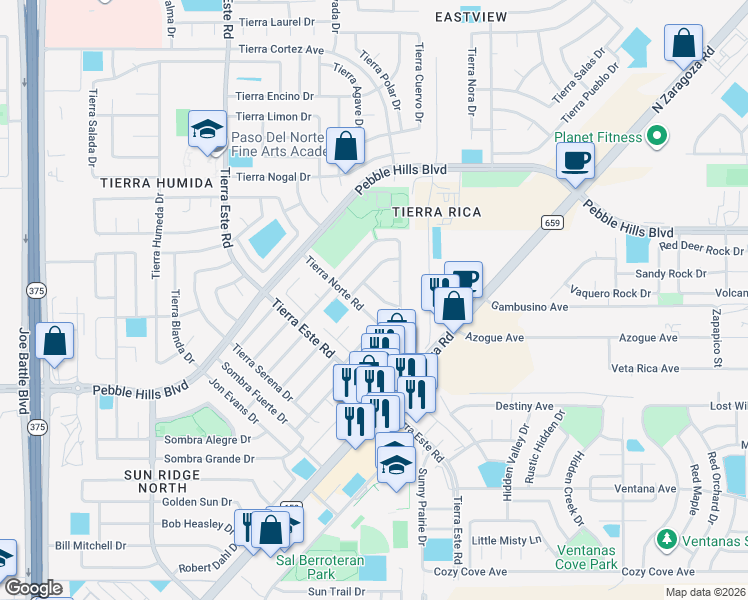 map of restaurants, bars, coffee shops, grocery stores, and more near 12580 Tierra Dura Drive in El Paso