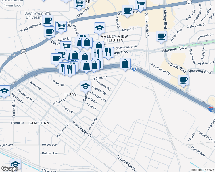map of restaurants, bars, coffee shops, grocery stores, and more near 6256 Papago Road in El Paso