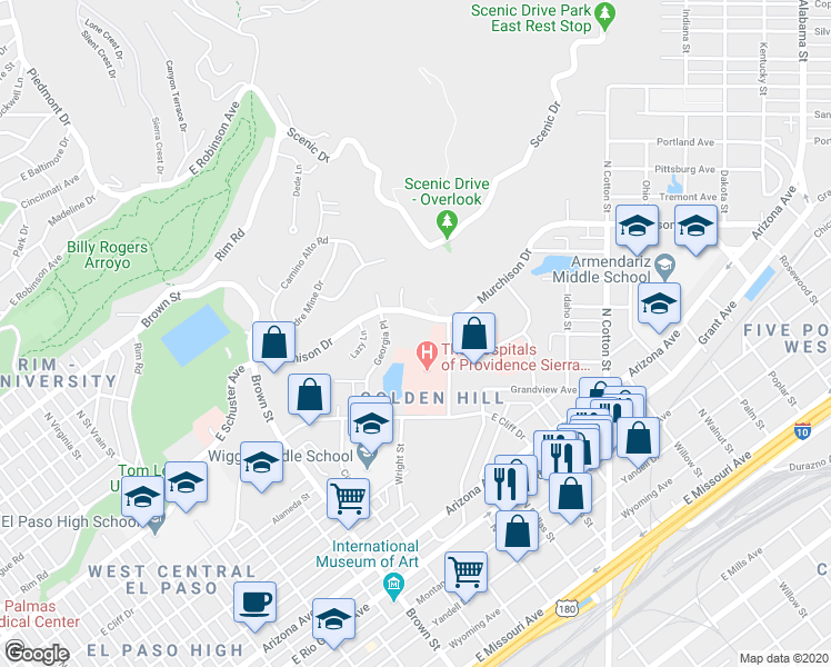 map of restaurants, bars, coffee shops, grocery stores, and more near 1600 Murchison Drive in El Paso