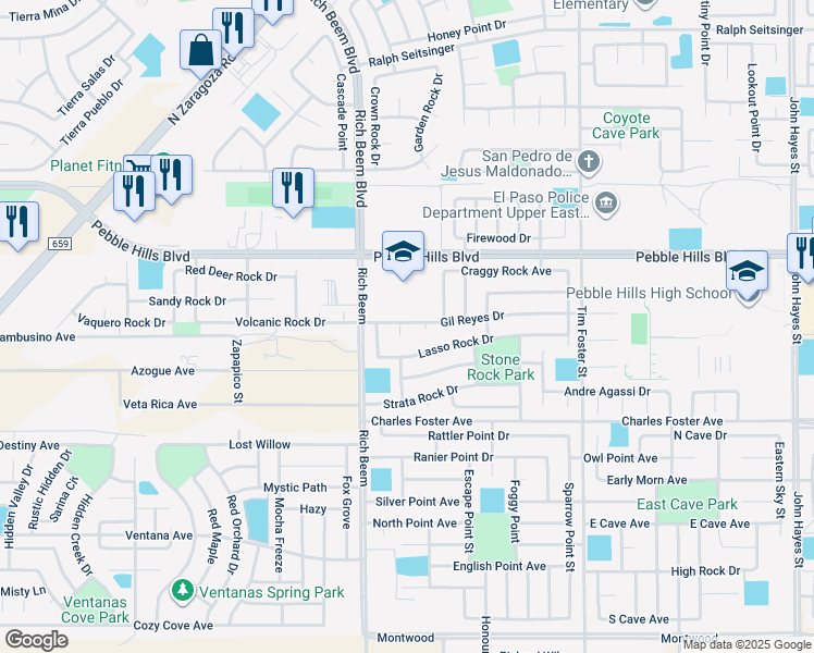 map of restaurants, bars, coffee shops, grocery stores, and more near 14140 Meteor Rock Place in El Paso