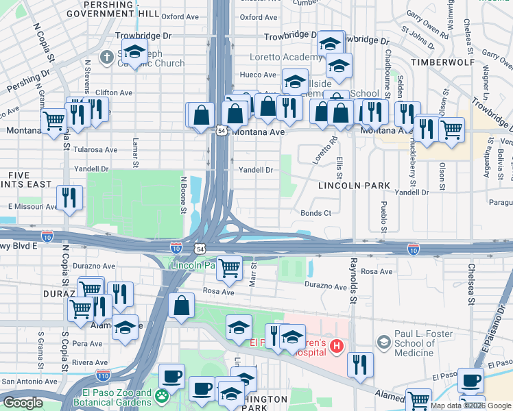 map of restaurants, bars, coffee shops, grocery stores, and more near 4404 East Missouri Avenue in El Paso