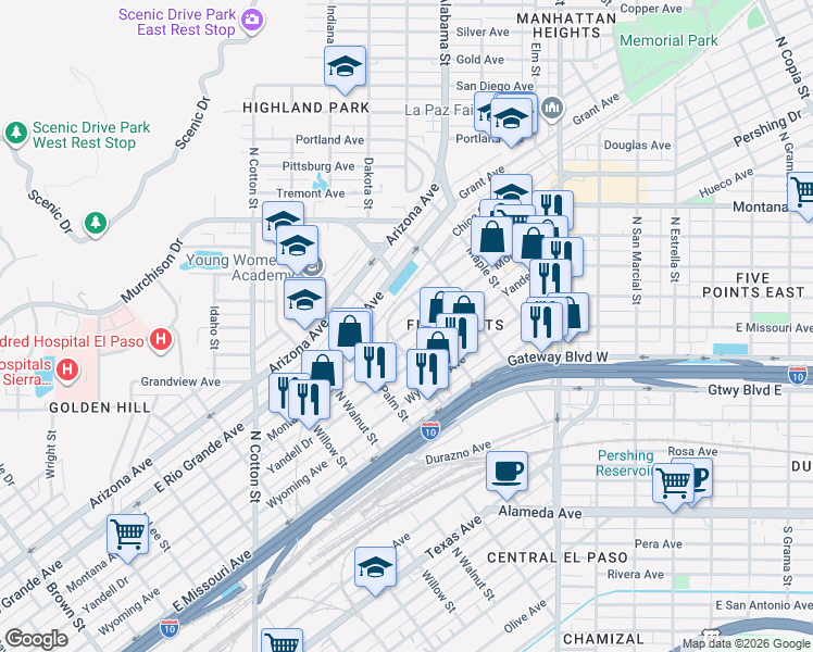 map of restaurants, bars, coffee shops, grocery stores, and more near 2407 Yandell Drive in El Paso