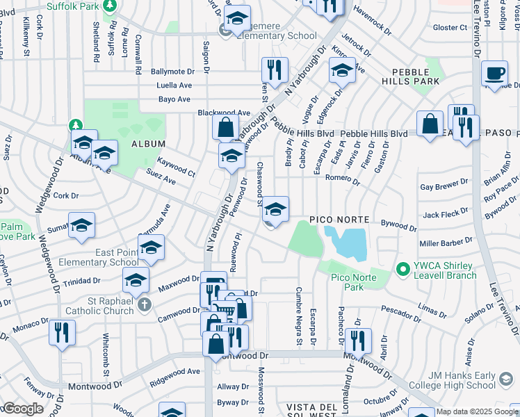 map of restaurants, bars, coffee shops, grocery stores, and more near 10428 Bywood Drive in El Paso