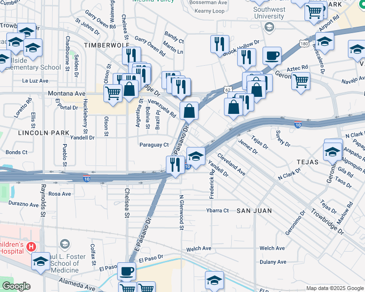 map of restaurants, bars, coffee shops, grocery stores, and more near 5710 East Paisano Drive in El Paso
