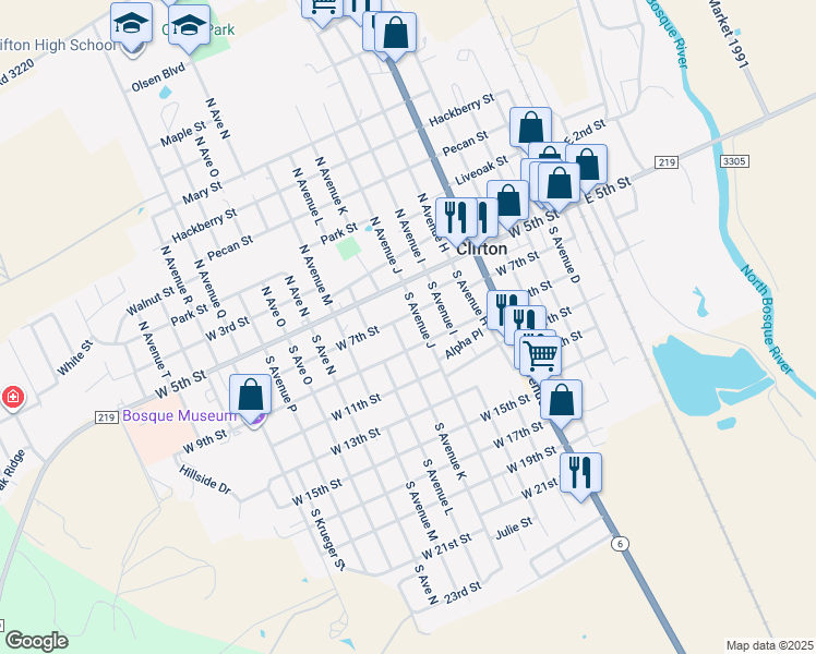 map of restaurants, bars, coffee shops, grocery stores, and more near 115 South Avenue J in Clifton