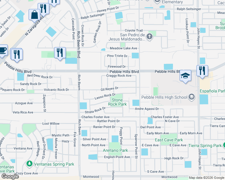 map of restaurants, bars, coffee shops, grocery stores, and more near 14262 Hacienda Rock Drive in El Paso