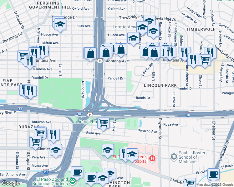 map of restaurants, bars, coffee shops, grocery stores, and more near 4410 Wyoming Avenue in El Paso