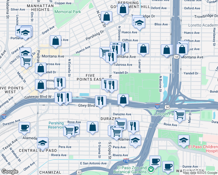 map of restaurants, bars, coffee shops, grocery stores, and more near 3606 Wyoming Avenue in El Paso