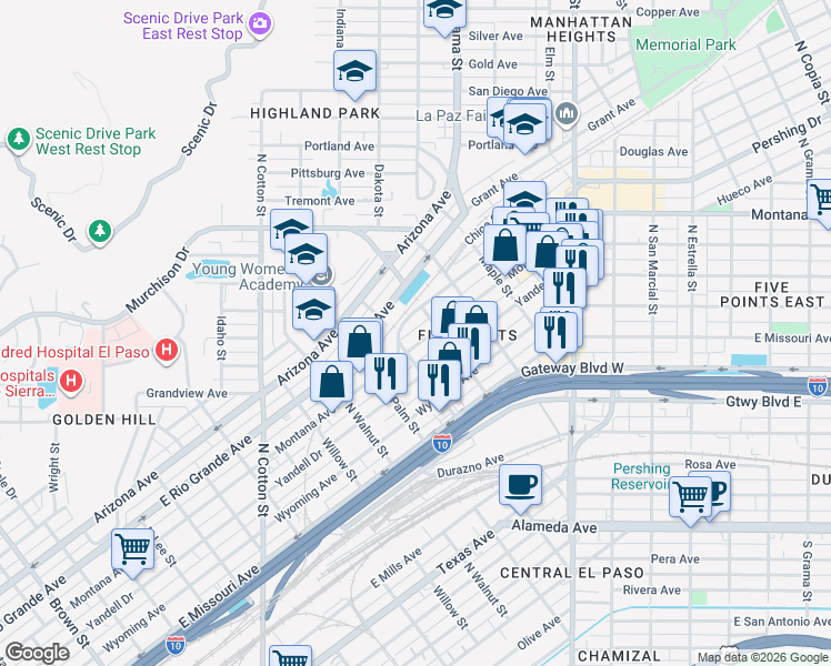 map of restaurants, bars, coffee shops, grocery stores, and more near 2500 Pershing Drive in El Paso