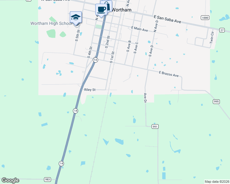 map of restaurants, bars, coffee shops, grocery stores, and more near 115 Riley in Wortham