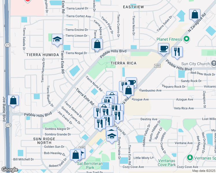 map of restaurants, bars, coffee shops, grocery stores, and more near 12585 Tierra Dura Drive in El Paso