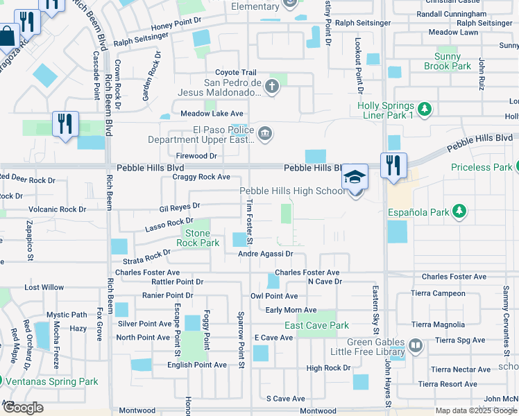 map of restaurants, bars, coffee shops, grocery stores, and more near 14309 Gil Reyes Drive in El Paso
