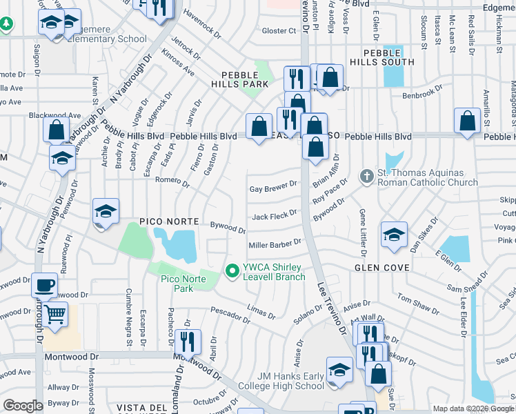 map of restaurants, bars, coffee shops, grocery stores, and more near 10712 Gay Brewer Drive in El Paso