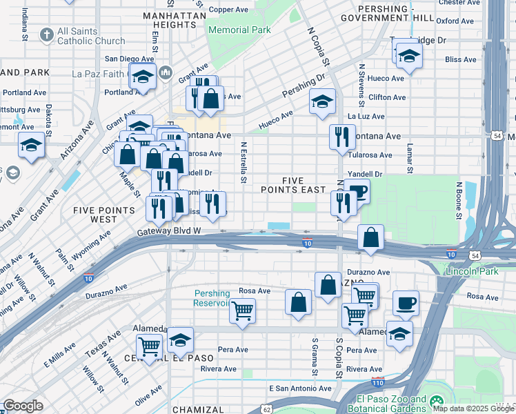 map of restaurants, bars, coffee shops, grocery stores, and more near 622 North Estrella Street in El Paso