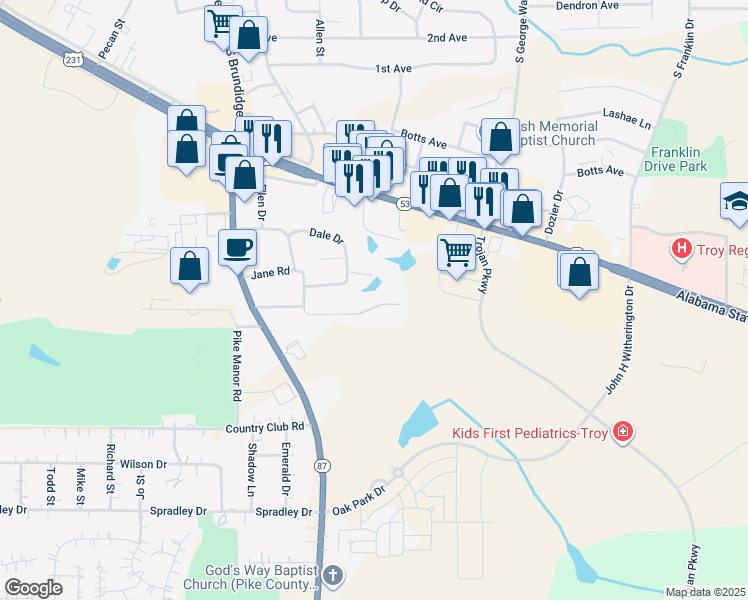 map of restaurants, bars, coffee shops, grocery stores, and more near 103 Thomas Drive in Troy
