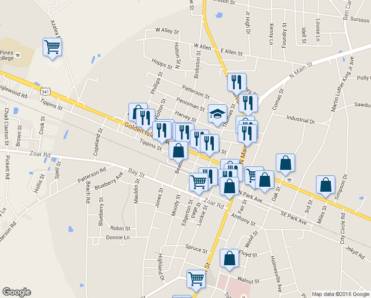 map of restaurants, bars, coffee shops, grocery stores, and more near 252 West Parker Street in Baxley