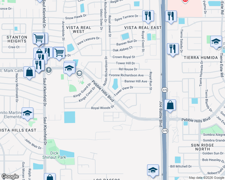 map of restaurants, bars, coffee shops, grocery stores, and more near 2908 Royal Knoll Drive in El Paso