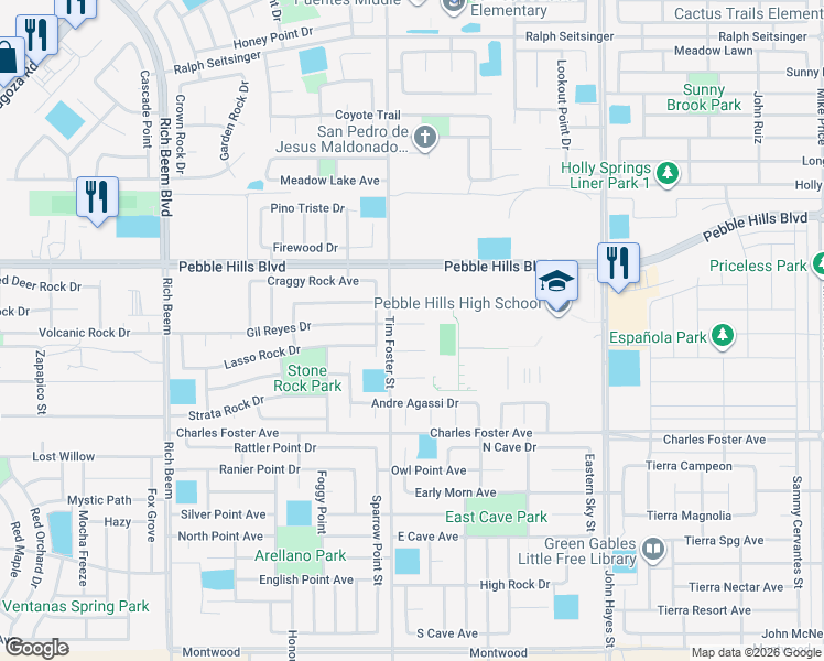 map of restaurants, bars, coffee shops, grocery stores, and more near 14306 Gil Reyes Drive in El Paso