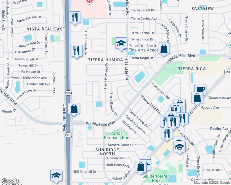map of restaurants, bars, coffee shops, grocery stores, and more near 2363 Tierra Serena Road in El Paso