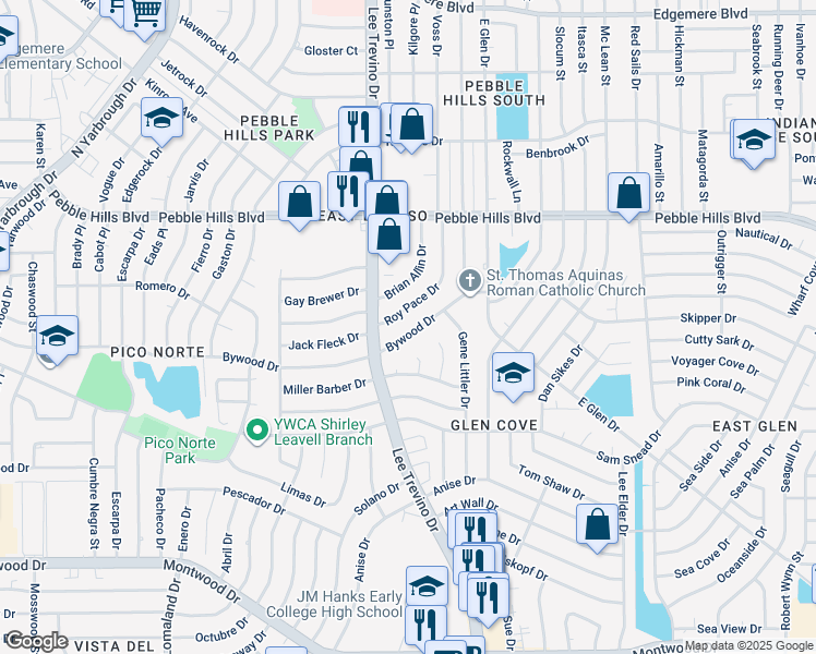 map of restaurants, bars, coffee shops, grocery stores, and more near 10919 Bywood Drive in El Paso
