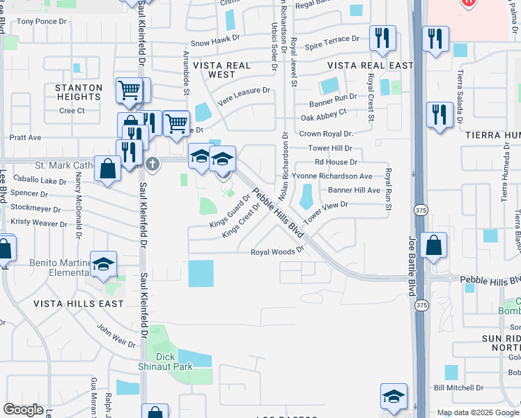 map of restaurants, bars, coffee shops, grocery stores, and more near 12045 Kings Crest Drive in El Paso
