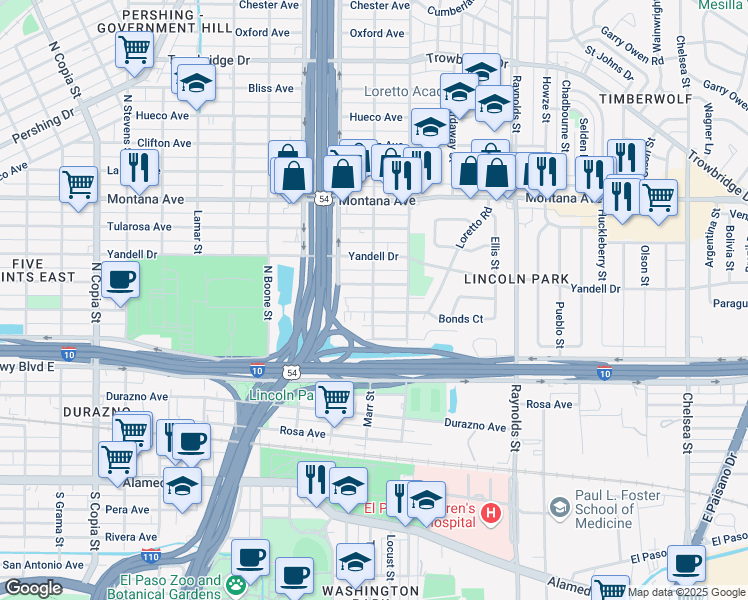 map of restaurants, bars, coffee shops, grocery stores, and more near 4410 Wyoming Avenue in El Paso