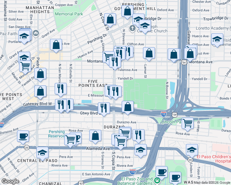 map of restaurants, bars, coffee shops, grocery stores, and more near 3606 Wyoming Avenue in El Paso