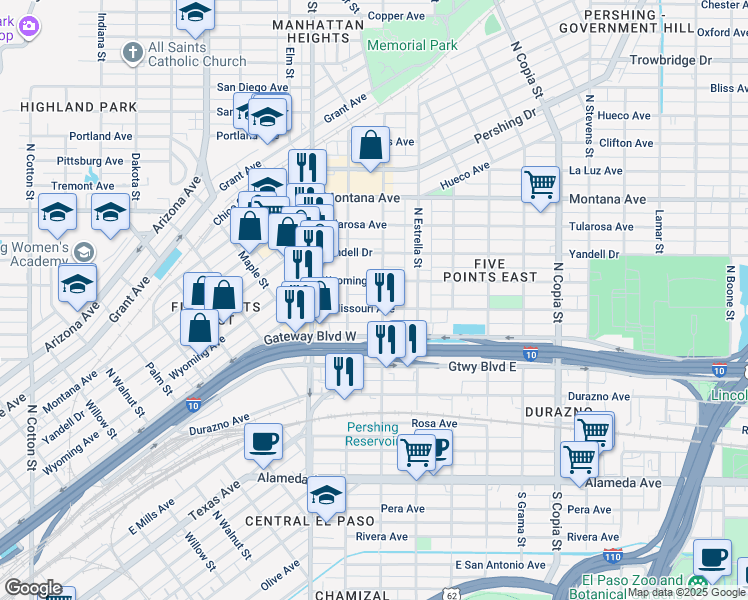 map of restaurants, bars, coffee shops, grocery stores, and more near 3008 Wyoming Avenue in El Paso