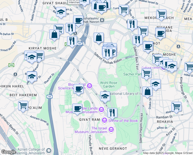 map of restaurants, bars, coffee shops, grocery stores, and more near 3 Eliezer Kaplan Street in Jerusalem