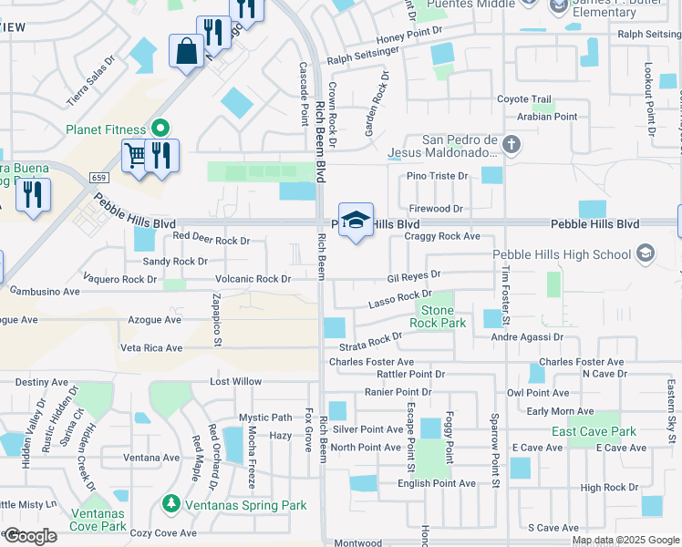 map of restaurants, bars, coffee shops, grocery stores, and more near 14193 Gil Reyes Drive in El Paso