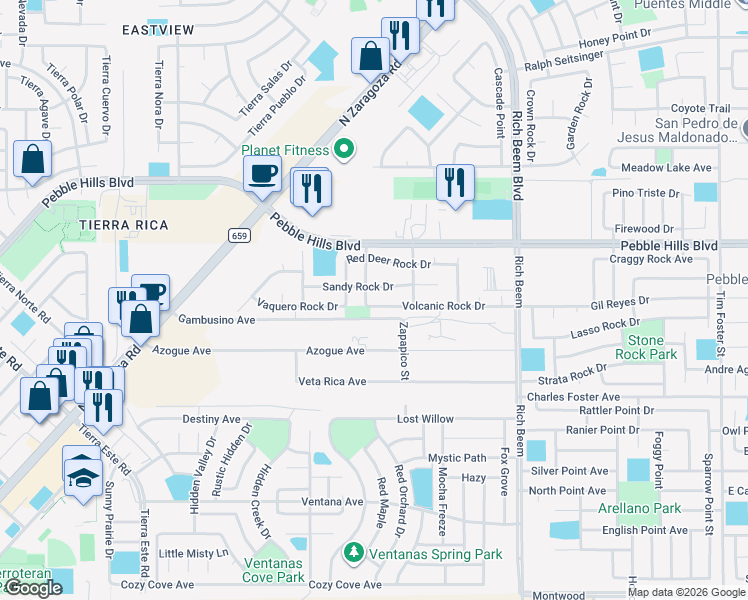 map of restaurants, bars, coffee shops, grocery stores, and more near 14005 Volcanic Rock Drive in El Paso