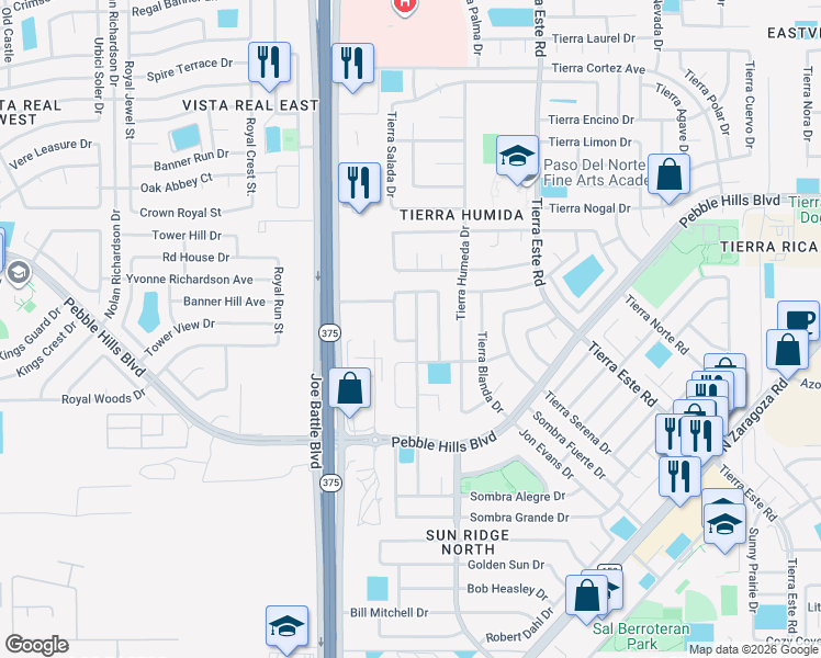 map of restaurants, bars, coffee shops, grocery stores, and more near 2349 Hannah Leigh Street in El Paso