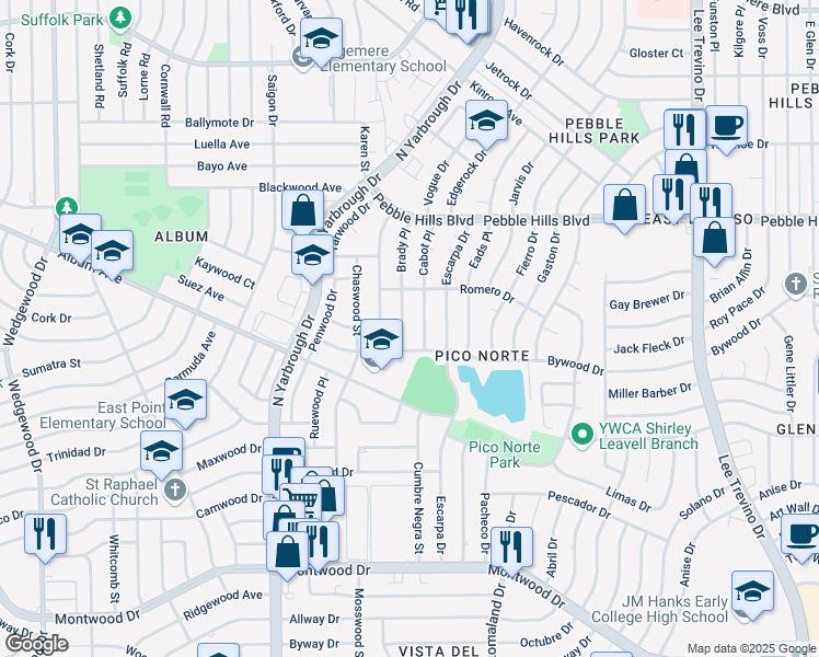 map of restaurants, bars, coffee shops, grocery stores, and more near 2801 Brady Place in El Paso